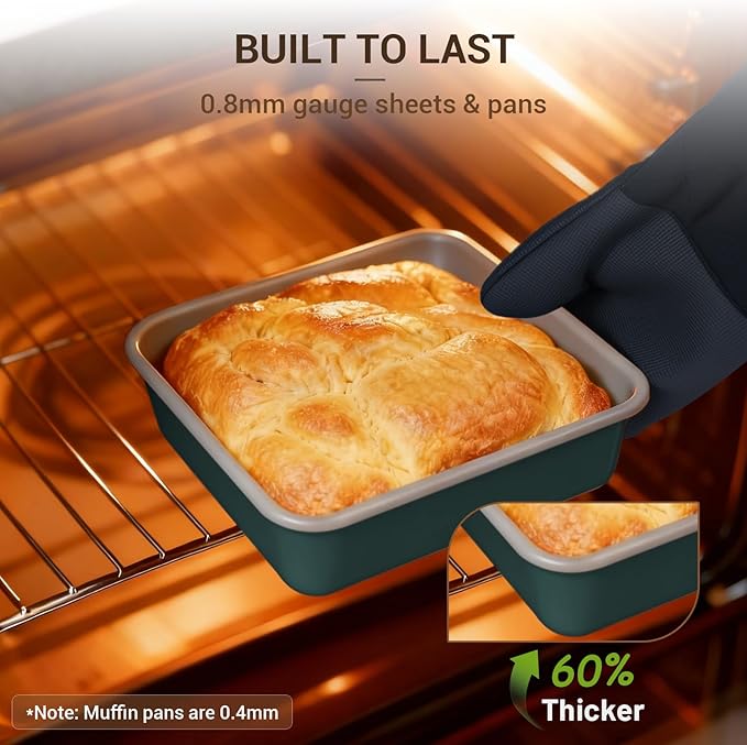 Ammeloo 22-Piece Baking Pans Set Stackable Bakeware Non Stick Baking Set Non Toxic Oven Pans, Including Roasting Pan, Cookie Sheets, Muffin Pans, Cake Pans, Oven Mitt and Utensils(Gray & Hunter Green)