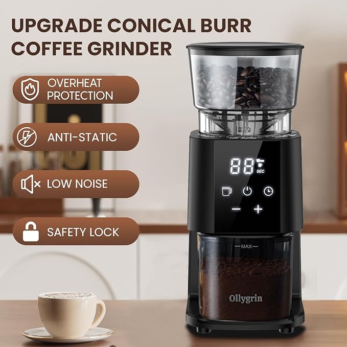 Ollygrin Conical Burr Coffee Grinder Electric, Adjustable Coffee Grinder for Home Use, Touchscreen Burr Mill Grinder with 30 Grinding Sizes, 2-12 Cups for French Press & Drip Coffee