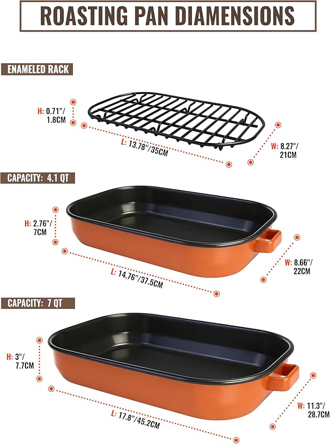 Roasting Pan for Oven with Rack 6-Piece Rectangular Lasagna Baking Dish Set 14&17 Inch, High Temperature Resistance Oven Dishwasher Safe Non-Stick Turkey Ham Roaster Gift for Mom Enamel Bakeware