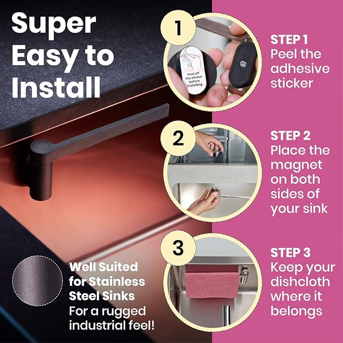 Magnetic Dishcloth Holder - Composite, Peel-and-Stick Mount - Peel-and-Stick Setup for Sink Caddy - Magnetic Grip Creates Kitchen Sink Organizer - Dual Sponge & Dish Brush Holder