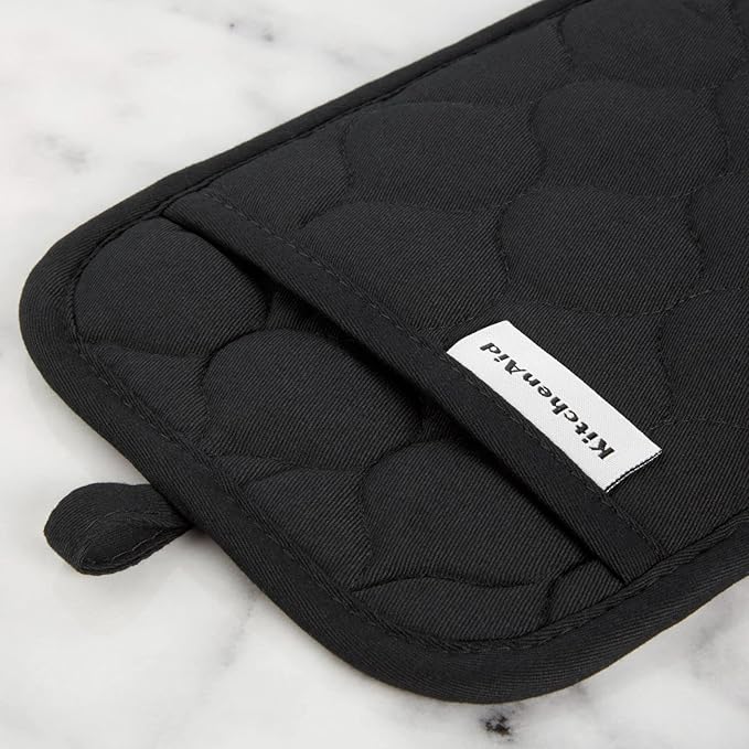 KitchenAid Quilted Cotton Terry Cloth Oven Mitt, Pot Holder, Kitchen Towel 4-Pack Set, Heat Resistant, Silicone Grip, Gift Set, Matte Black, 16"x26", 7"x13" & 7"x10"
