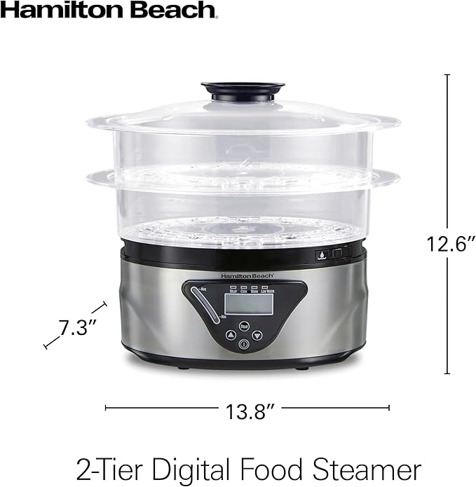 Hamilton Beach Digital Electric Food Steamer & Rice Cooker for Quick, Healthy Cooking for Vegetables and Seafood, Stackable Two-Tier Bowls, 5.5 Quart, Black & Stainless Steel