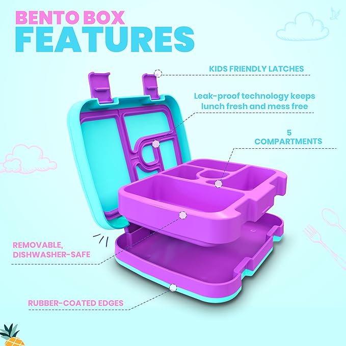 YOLAY Bento Box for Kids Lunch Box Leak-Proof, 5-Compartment Lunch Box Kids for Ages 3-10, Durable with Anti-Slip Base, Suitable for Schools, Outdoor and Travel (Unicorn)