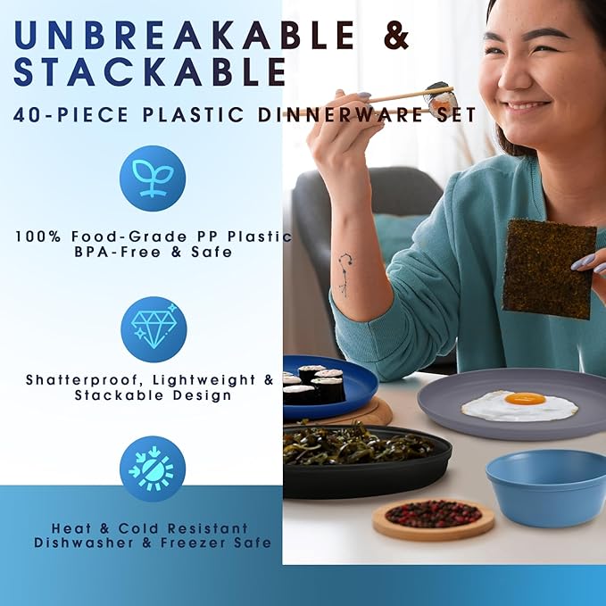 40 Piece Plastic Dinnerware Set for 8 with Cutlery, Unbreakable Plates and Bowls Set, Dishwasher & Microwave Safe Reusable Dish Set for Camping, RV, Outdoor Kitchen, Apartment Dining,Ocean Multicolor