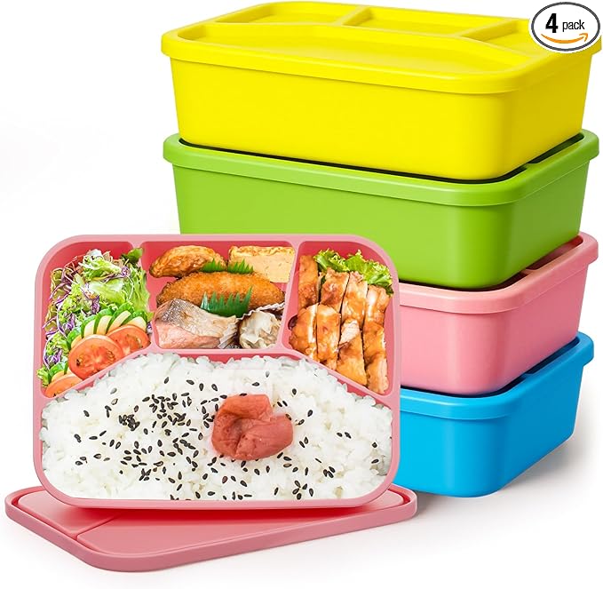 Ziliny 4 Pcs Silicone Bento Box Reusable Lunch Container Smooth Leak Proof Lunch Box Rectangle Bento Boxes for Adult Work Travel Food Meal Compartment Storage, 4 Colors (Bright Colors 2)