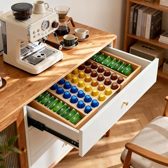 Bamboo Coffee Pod Holder Drawer, 11.85x12.6x2.42Inch Tea Bags Storage Organizer Holder 42 Pod Capacity for Coffee Station Home Office and Kitchen