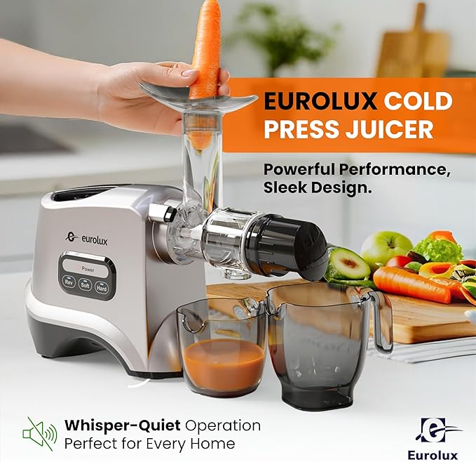 Eurolux Slow Masticating Juicer – Cold Press Machine for High-Yield Juice Extraction – Quiet & Powerful Juicer for Fruits and Vegetables – Easy to Clean, BPA-Free & Nutrient-Rich – Compact Design