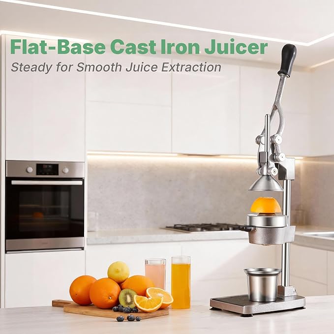 Cast Iron Juicer, 17"Tall & Sturdy Flat Base | Heavy-Duty Manual Hand Press Juicer For Orange Lemon Lime Pomegranate & Citrus, Orange Squeezer, Stainless Steel Cup, Easy to Clean, Silver Gray