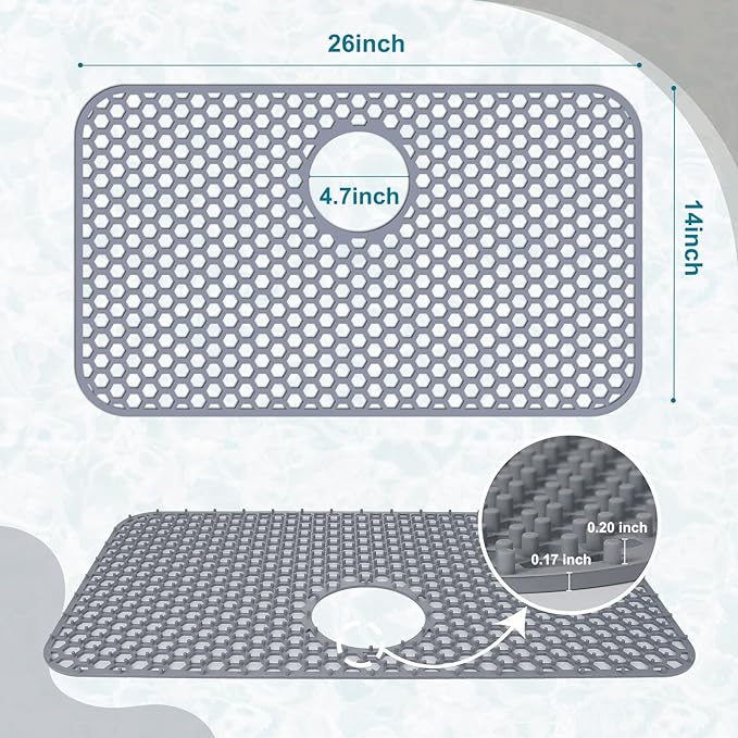 Bestjing Silicone Sink Protectors for Kitchen Sink with Rear Drain - 26"x 14" Kitchen Protector Accessory, Non-Slip Heat Resistant Grid Mat for Bottom of Farmhous Peorcelain Stainless Steel(Rear Hole)