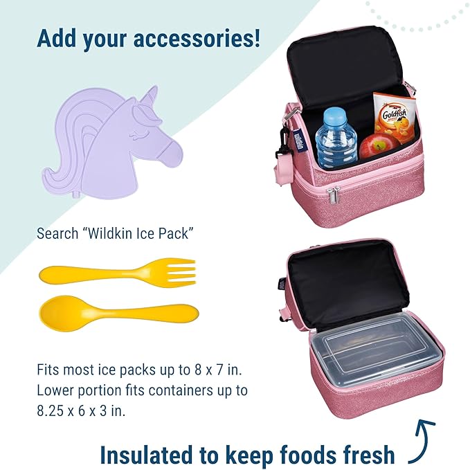 Wildkin Kids Two Compartment Insulated Lunch Bag – Keeps Food Hot or Cold, Easy-Clean Lining, Leak-Resistant & BPA-Free – Boys & Girls, Ideal for School, Travel & Daycare – Pink Glitter