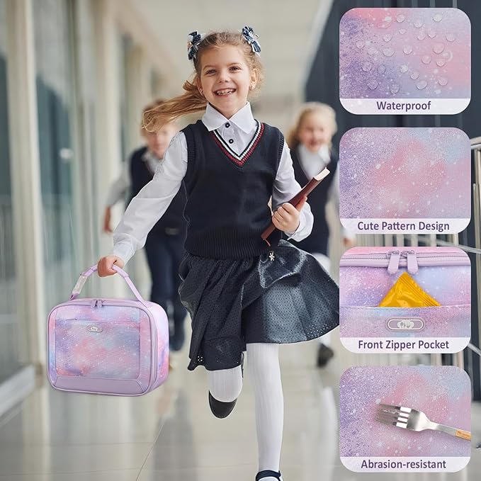 Lunch Box Kids Insulated Lunch Bag for Boys Girls Cute Reusable Lunch Tote Bag Waterproof Portable Thermal Lunch Box Kids for School Picnic Travel Light Purple Starry Sky