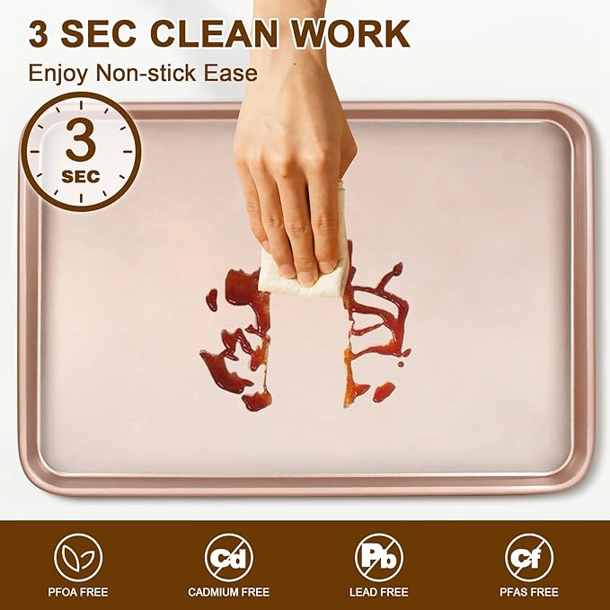 Wildone 2 Pack Jelly Roll Pan, Nonstick Baking Sheet for Oven, Thicker Carbon Steel Cookie Sheet 15x10 Inch, Heavy Duty & Easy Clean, Rose Gold
