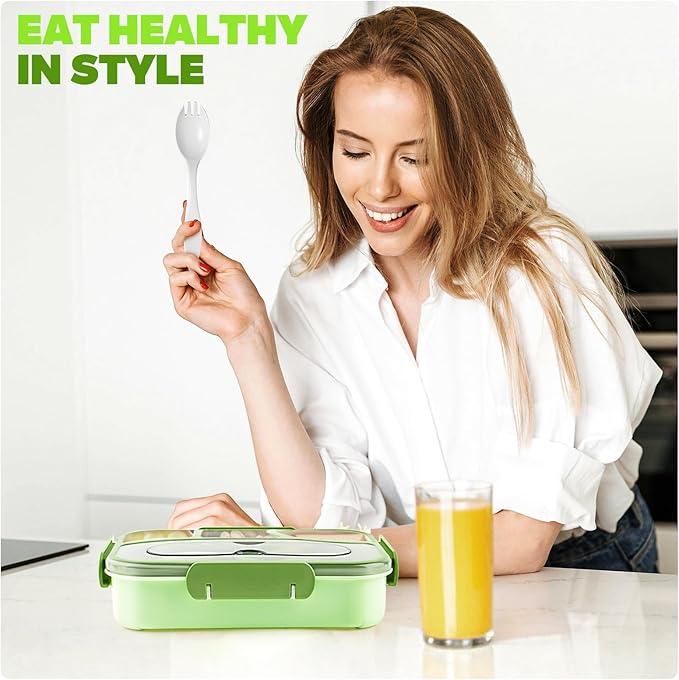 EASYFUN Bento Box Adult, Lunch Box, 4-Compartment Lunch Containers, Drop-Proof, Dishwasher Safe & Made with BPA-Free Materials (Green)