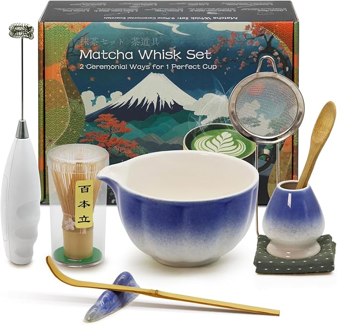 Matcha Whisk Set Incl. Ceramic Bowl With Spout, Whisk (Chasen), Stand, Bamboo Scoop, Sifter, Electric Frother, Tea Towel etc. 9 Pcs Matcha Making Starter Kit, Blue&White