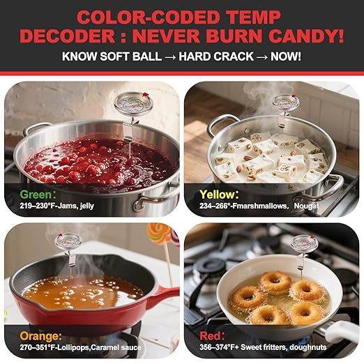 Upgraded Candy Thermometer Waterproof IP67 - Oil Thermometer for Frying with Clips - 5" Side of Pot Rainbow dial Thermometer Deep Fry for Oil Candy Candle Shallow Pot BBQ - Silver XL