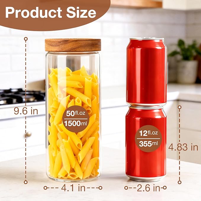 CONNOO 2-Pack 50oz Glass Storage Containers with Wood Lids – 120 Waterproof Labels Included – Tall Airtight Pantry Organizers for Short Pasta, Flour – Modern Kitchen Decor