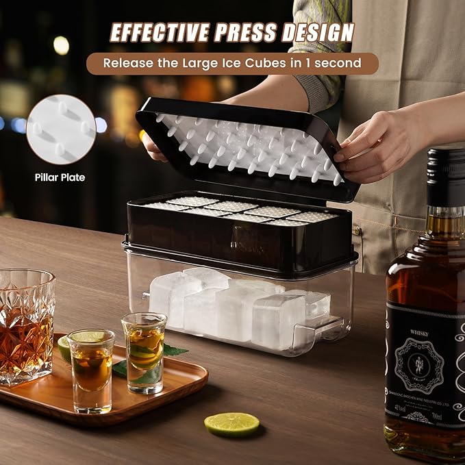 PHINOX Ice Cube Tray, Easy Release Ice Cube Trays with Lid and bin, Ideal for Cocktail Whiskey
