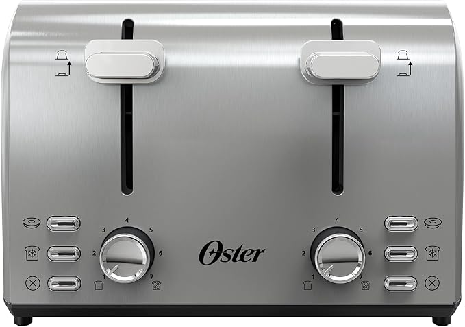 Oster 4 Slice Toaster, With 7 Browning Settings, Extra Wide Slots For Bagels and Special Breads, Removable Easy-to-Clean Crumb Tray, Cancel/Defrost/Bagel, Stainless Steel