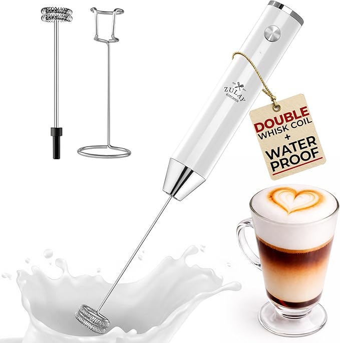 Zulay Kitchen Rechargeable Milk Frother Handheld Lux - Powerful 2-Speed Motor, Waterproof, 2000mAh Battery - Drink Mixer for Latte, Cappuccino, Matcha & Protein Powder - Snow White
