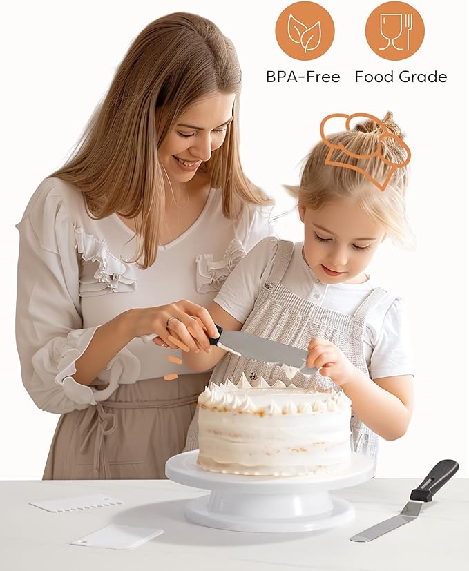 Kootek Cake Decorating Kit Baking Supplies Set Cake Turntable with 2 Frosting Straight Angled Spatula 3 Icing Smoother Scrapers Baking Accessories Tools for Beginners and Pros, Mother's Day, White