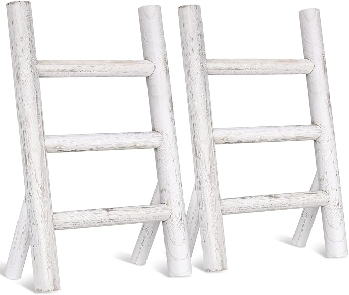 Cinnvoice 2 Pcs Wooden Tea Towel Ladder Rustic Hand Towel Stand Rack Mini Countertop Towel Stand Farmhouse Wood Counter Towel Holder for Bathroom Country Kitchen Office (White)