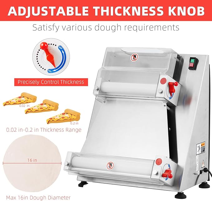 Commercial Pizza Dough Roller Sheeter, Max 16", Towallmark Automatic 370W Electric Pizza Dough Roller, Stainless Steel, Suitable for Noodle, Pizza Bread and Pasta Maker Equipment