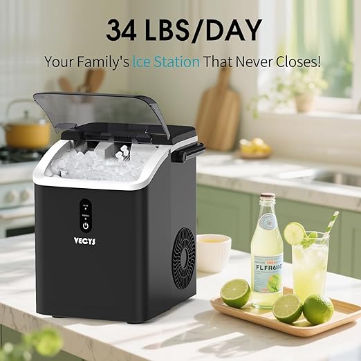 VECYS Nugget Ice Maker, 34LBS/Day Countertop Ice Machine, Self-Cleaning Portable Pellet Ice Maker, Chewable Sonic Ice for Home, Office, Bar