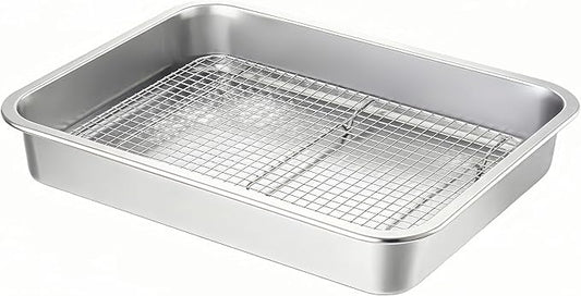 Stainless Steel Sturdy Roasting Pan with Cooling Rack – Oven, Toaster & Grill Safe, Deep Edge, Smooth Finish, Dishwasher Safe – Perfect for Turkey, Chicken, BBQ (15.5x11.6x2.8in)
