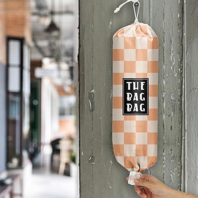 Plastic Bag Holder,Reusable And Washable Grocery Bag organizer,for Home Kitchen Travelling Camping Decor, use 1 Pack, Orange And White Checkerboard Pattern