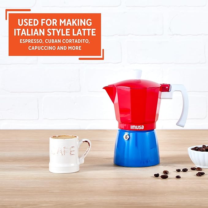 IMUSA Stovetop Espresso Maker 3 Cup Moka Pot Caribbean Colors Edition – Cuban Coffee, Italian Style, Demitasse, Cortadito, Cappuccino – Cast Aluminum Cafetera Espresso Azul Rojo Blanco