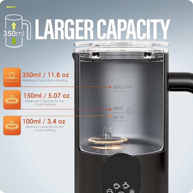 Milk Frother and Steamer 4 in 1 Automatic Coffee Steamer Frother, 11.8OZ / 350ML Warm and Cold Foam Frother for Coffee,Latte, Cappuccino, Macchiato, Hot Chocolate (Black)