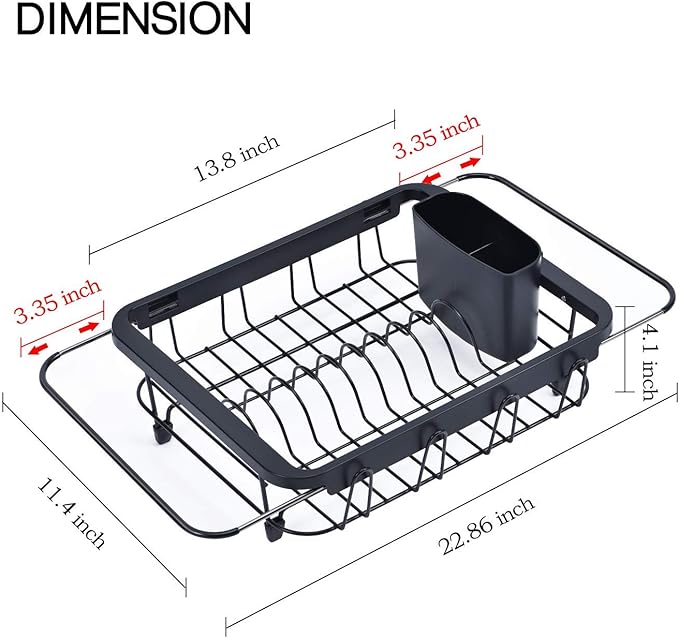 TOOLF Expandable Dish Drying Rack Over The Sink Adjustable Dish Rack in Sink Or On Counter Dish Drainer with Utensil Holder Rustproof for Kitchen