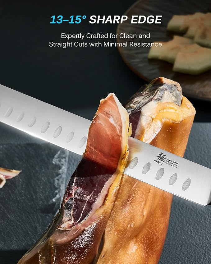 KYOKU 12" Slicing Knife, Daimyo Series Brisket Knife for Meat Cutting with Rosewood Handle, Japanese Style 440C Stainless Steel Meat Carving Knife for BBQ Turkey Ham Rib Roast with Sheath and Case