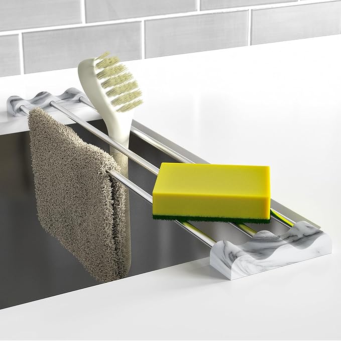 Tomorotec Adjustable Over-The-Sink Kitchen Rack for Dishcloths, Sponges, Bottles and Brushes - Heat-Resistant Stainless Steel with Slim, Expandable Design and Multifunctional Silicone Holder (Marble)