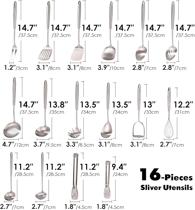 18/10 Stainless Steel Cooking Utensils Set - 16 PCS All Metal Serving Utensils, Kitchen Tools - Whisk, Masher, Fork, Tongs, Solid/Slotted Spoon, Spatula, Turner, Ladle, Skimmer, Pasta, Large Spoon Set