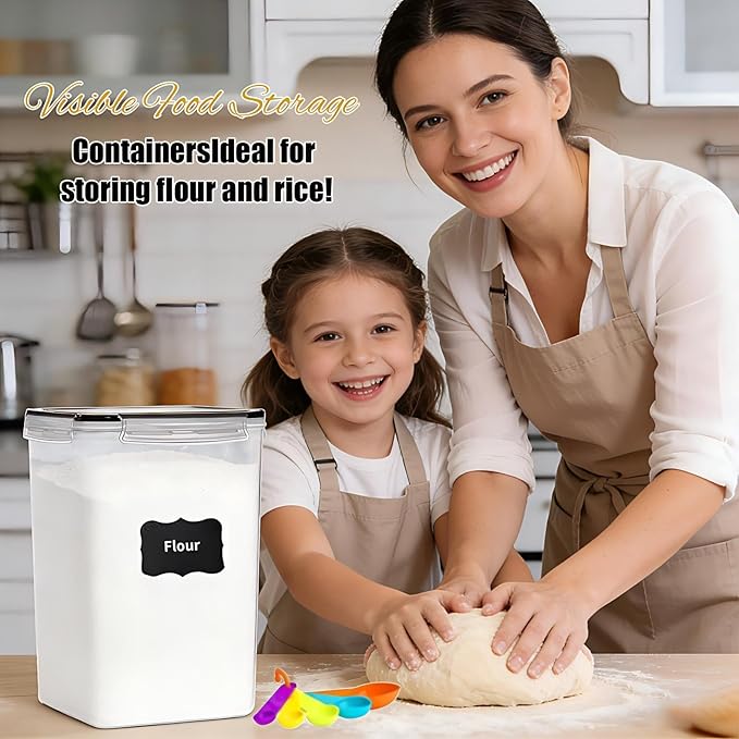 4 Pieces 6.5L / 220 oz Large Food Storage Containers, BPA Free Plastic Airtight Canisters for Flour, Sugar, Baking Supplies, Rice with Lids, Measuring Cups and Labels, Black