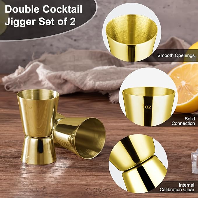 Briout Jigger for Bartending, 2 Pcs Double Cocktail Jigger Japanese Premium 304 Food Grade Stainless Steel Jigger 1 OZ 1/2 OZ, Flat Edge Gold