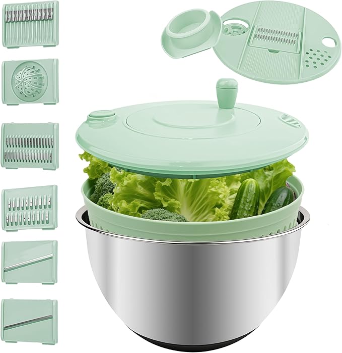 5.3Qt Stainless Steel Salad Spinner,Lettuce Spinner with Non-Slip Base,Multifunctional Design with a Crank,A Variety of Blades Make it Easy to Chop, BPA Free,Dishwasher Safe, Non-Slip Base.