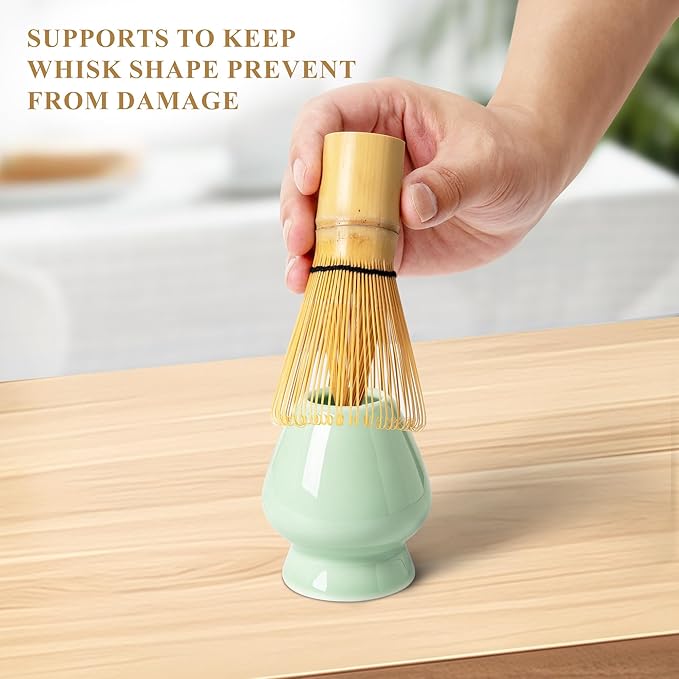 Matcha Whisk Set, Matcha Making Kit Whisk (Chasen Holder), Ceramic Whisk Holder (Light Green), Bamboo Scoop, Powder Starter Sifter, Spoon Japanese Tea Tools For Ceremony Gift