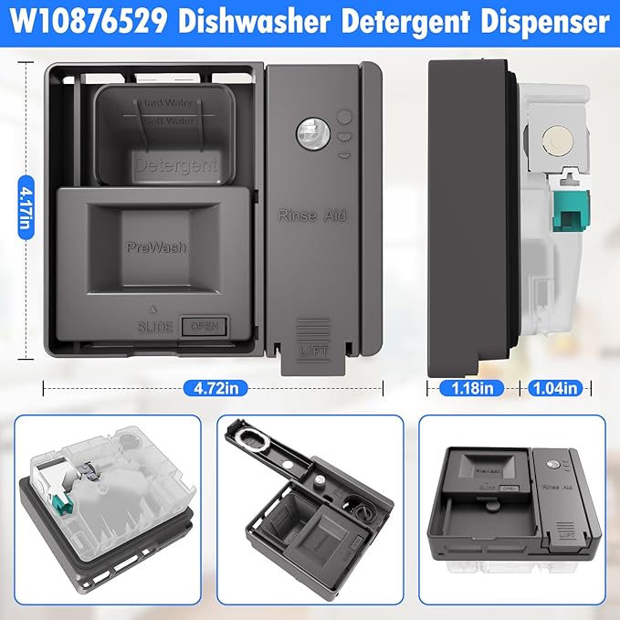 Upgraded W10876529 Dishwasher Detergent Dispenser Compatible with Whirlpool Kenmore Jenn-Air Dishwasher Soap Dispenser Replacement Parts W10620297 W10620299 AP6024305 PS11738149 Rinse Aid Dispenser