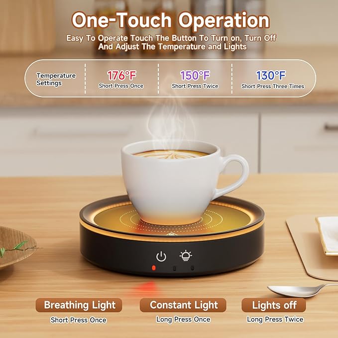 36W Mug Warmer, 3 Temperature Settings, Auto Shut Off (2-12H), Max 176°F, Wood Grain Design with Ambient Light,Ideal Gift for Home & Office (Black)
