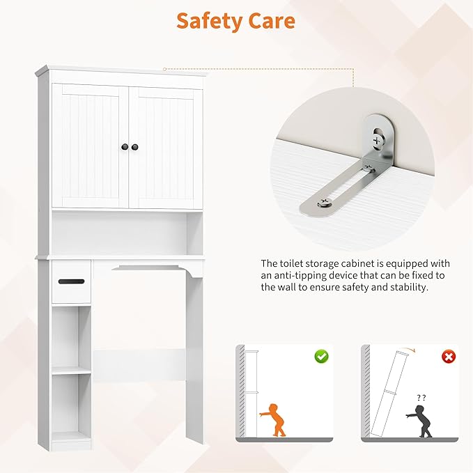 IDEALHOUSE 23.6 Inches Wide Toilet Rack with Over The Toilet Storage Cabinet, Bathroom Shelf Organizer with Anti-Tip Device, Small Freestanding Space Saver with Adjustable Shelf (White 30" W)