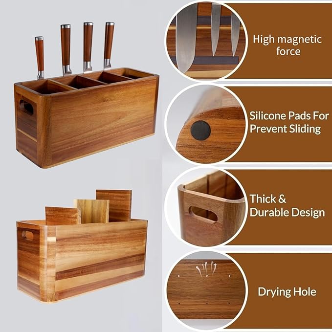 Wooden Kitchen Utensil Holder Organizer for Counter or Countertop, Large Wooden Utensil Holder 4 Compartment, Acacia Wood Container Extra Large.with Strong Magnets Multifunctional Storage Knife Holder