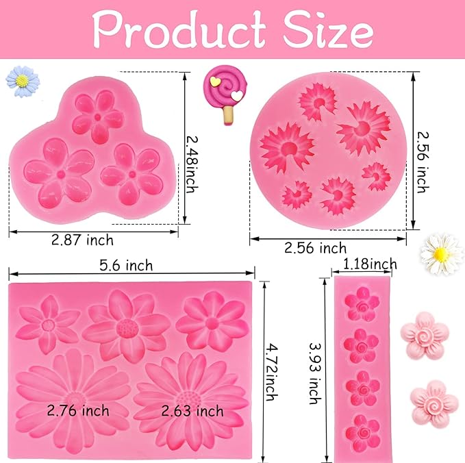 4Pcs Large Daisy Flower Silicone Molds Chrysanthemum Silicone Molds Small Flower Shapes Fondant Cake Chocolate Molds Polymer Clay Resin Mold for Cake Decoration Candy Ice Cube Wax Making DIY Craft