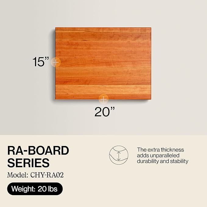 John Boos RA-Board Series Rectangular Wooden Cherry Cutting Board 20”x15” – 2.25” Thick, 20-lb Reversible Butcher Block with Edge-Grain & Finger Grips – Made in the USA