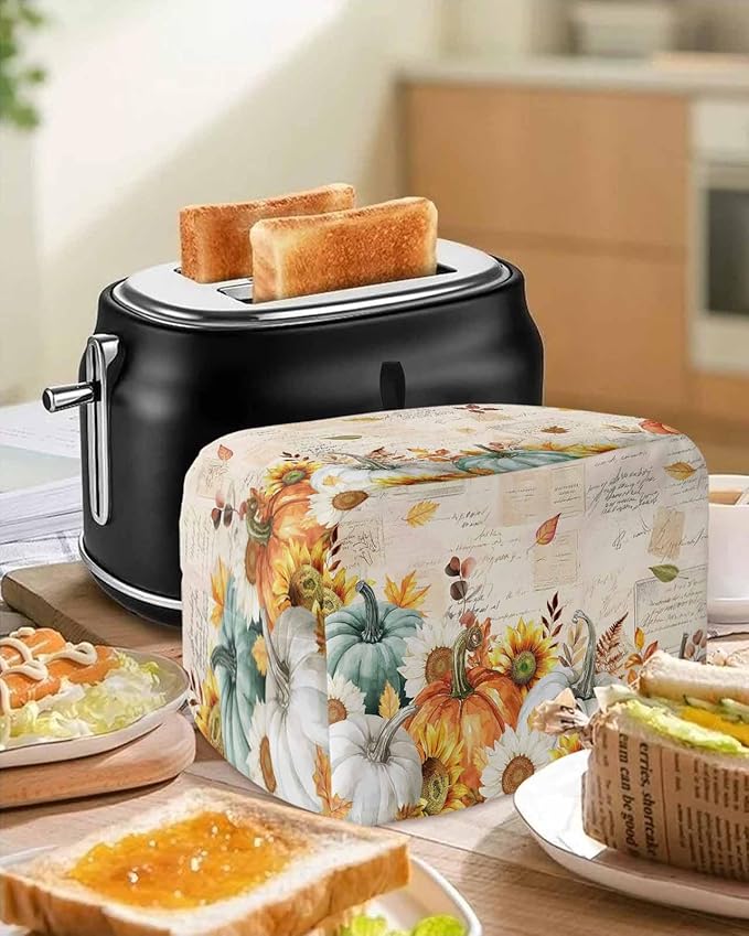 Green Orange Pumpkins Fall Toaster Cover 2 Slice, Thanksgiving Sunflower Dustproof Bakeware Oven Protector with Top Hook, Vintage Waterproof Small Kitchen Appliance Toasters Dust Cover, 12"x7.5"x8"