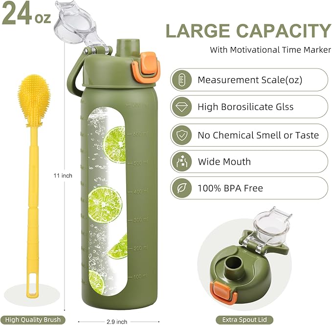 chunmo 24 oz Glass Water Bottles with 2 Lids-Handle Spout Lid & Straw Lid, Motivational Water Bottle with Time Marker and Silicone Sleeve,Leakproof-Army Green-1 Pack