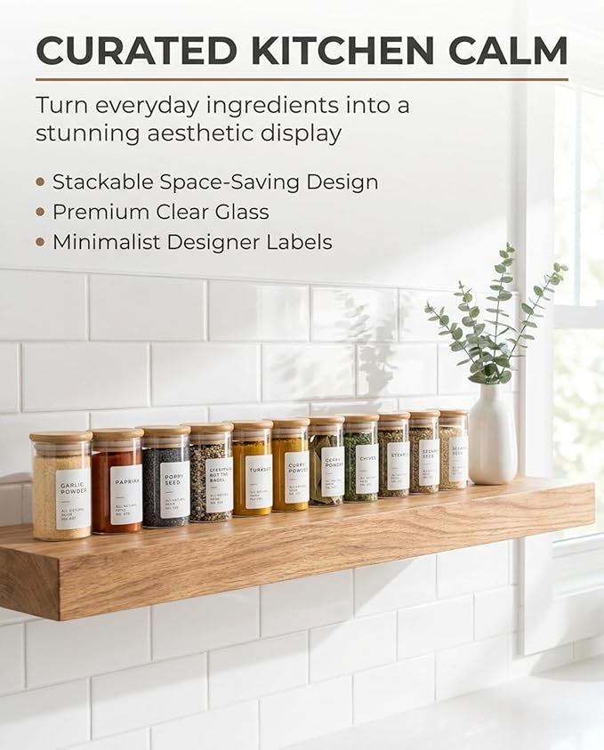 Bloomondo Empty Spice Jars with Label Pack (12x Bamboo Lid Glass Jar). Small 6oz Spice Storage Bottles with 112 Printed Stickers and 48 Writable Pantry Labels for Seasoning Containers