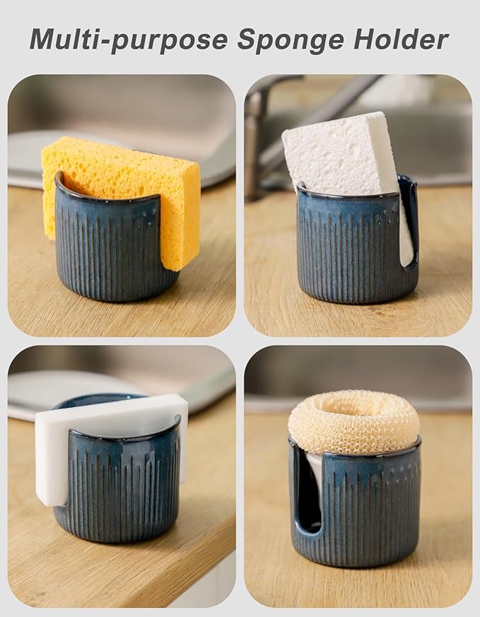 Ceramic Sponge Holder for Kitchen Sink, Scrub Sponge Dish Rack, Farmhouse Compact Sink Caddy Organizer, Glazed Blue