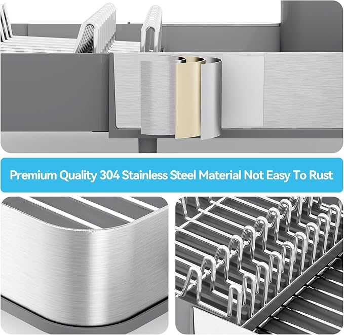 Urackify Dish Drying Rack, 304 Stainless Steel Dish Drainer with Removable Utensil Holder & Drain Board, Rustproof Space-Saving Dish Rack for Kitchen Countertop, Grey